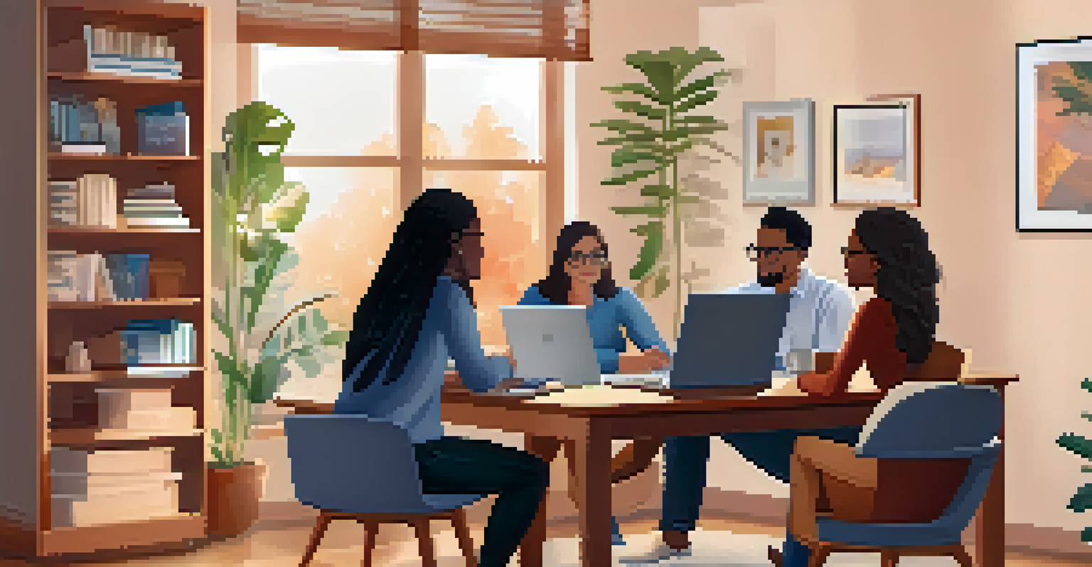 A computer screen displaying a virtual meeting with diverse participants, set against a cozy home office background with bookshelves and soft lighting.