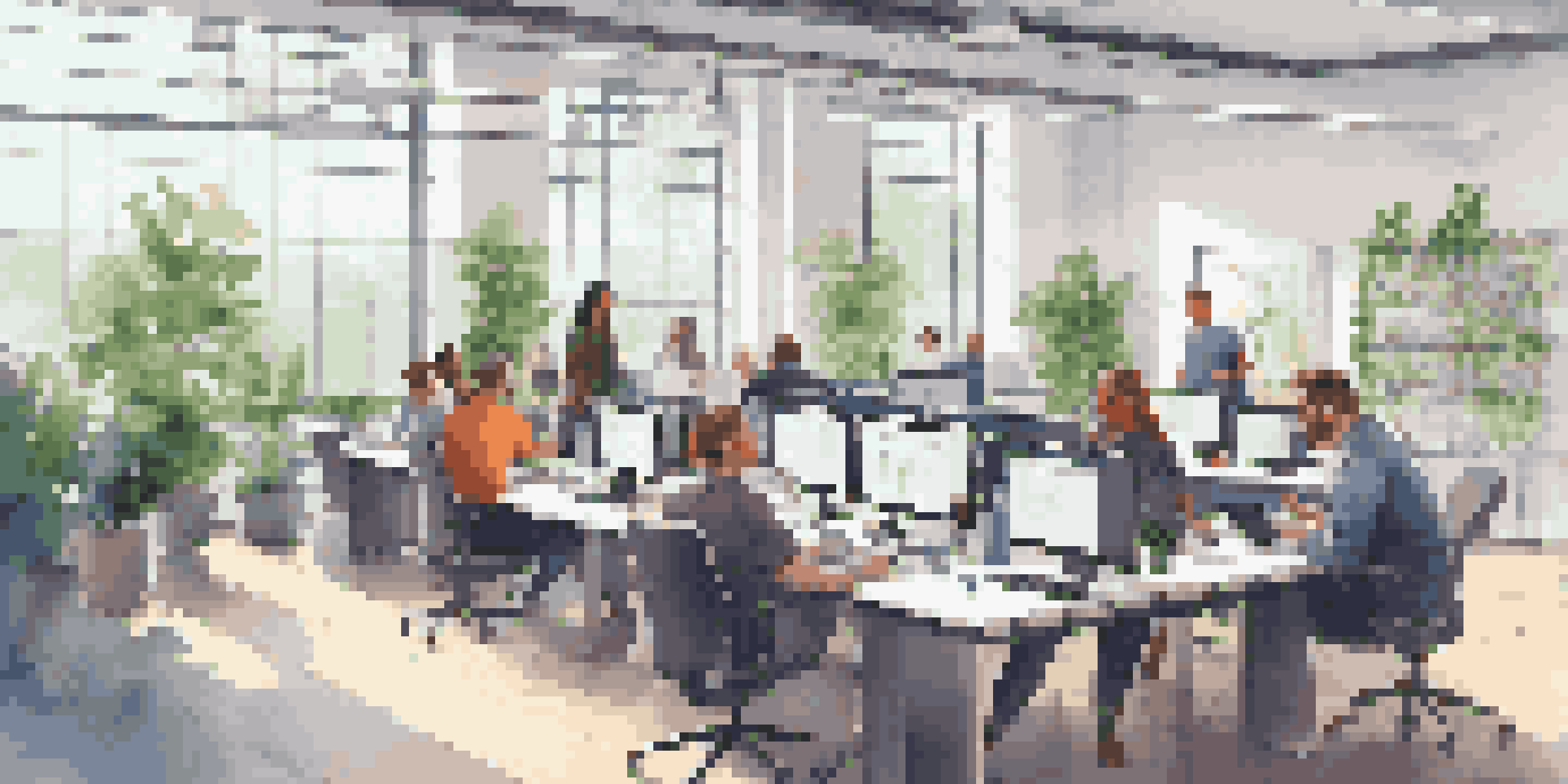 A diverse software testing team collaborating in a bright office, discussing automation strategies around a table with laptops.