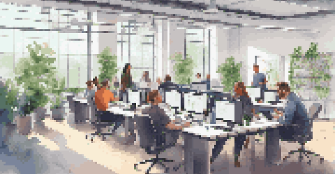 A diverse software testing team collaborating in a bright office, discussing automation strategies around a table with laptops.