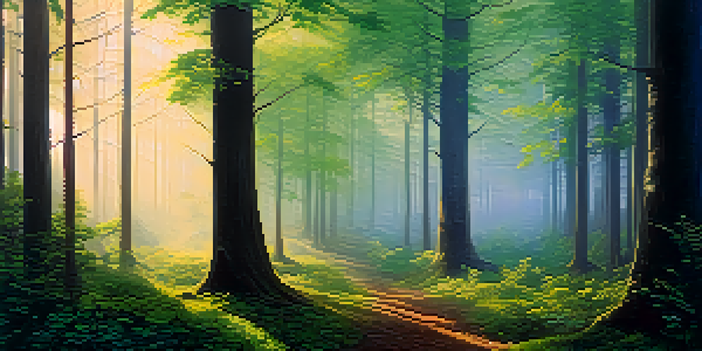 A peaceful forest with IoT sensors on trees, illuminated by soft morning light and surrounded by lush greenery.