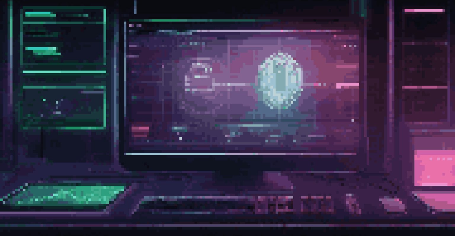 A computer screen displaying biometric data storage with graphs and secure login in a dimly lit room.