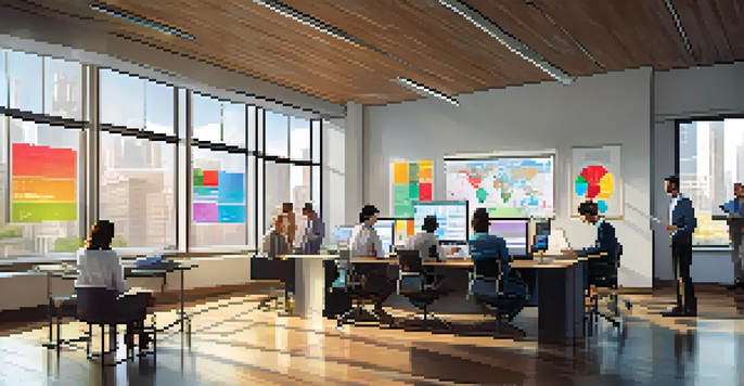 A diverse group of professionals collaborating in an office, analyzing data on a digital screen with colorful graphs under natural light.