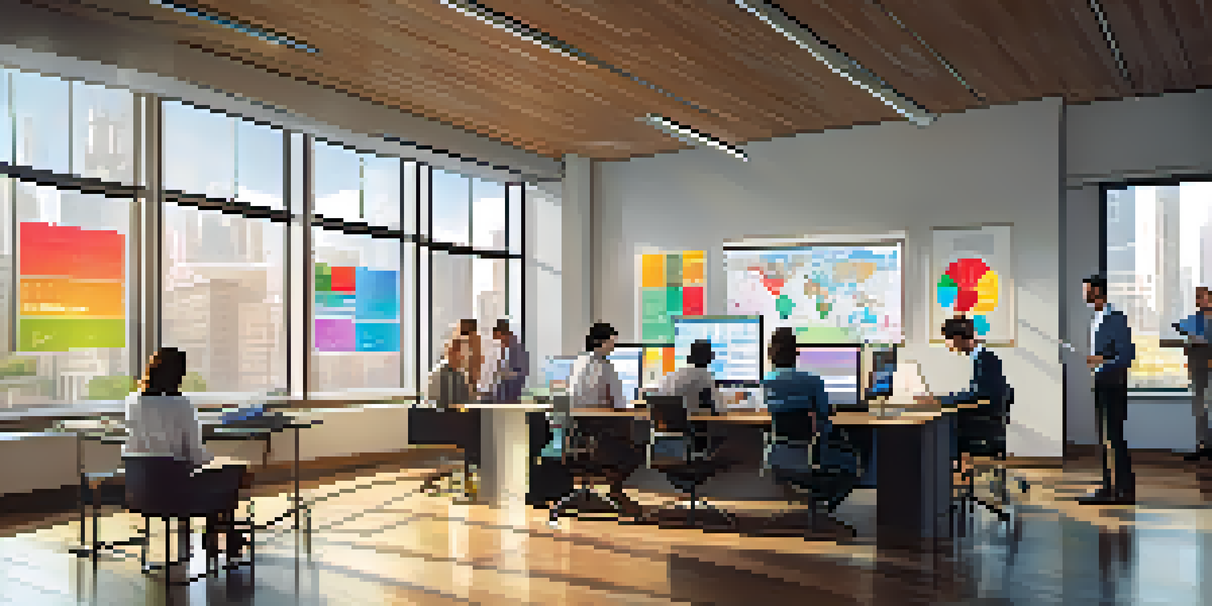 A diverse group of professionals collaborating in an office, analyzing data on a digital screen with colorful graphs under natural light.