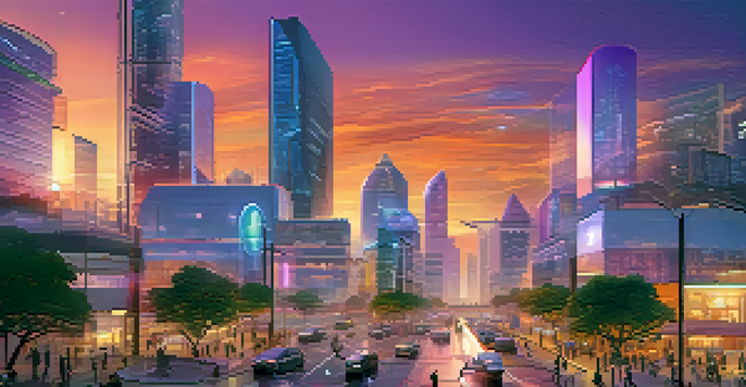 A futuristic cityscape at sunset featuring autonomous vehicles and smart streetlights, with colorful reflections on glass buildings.