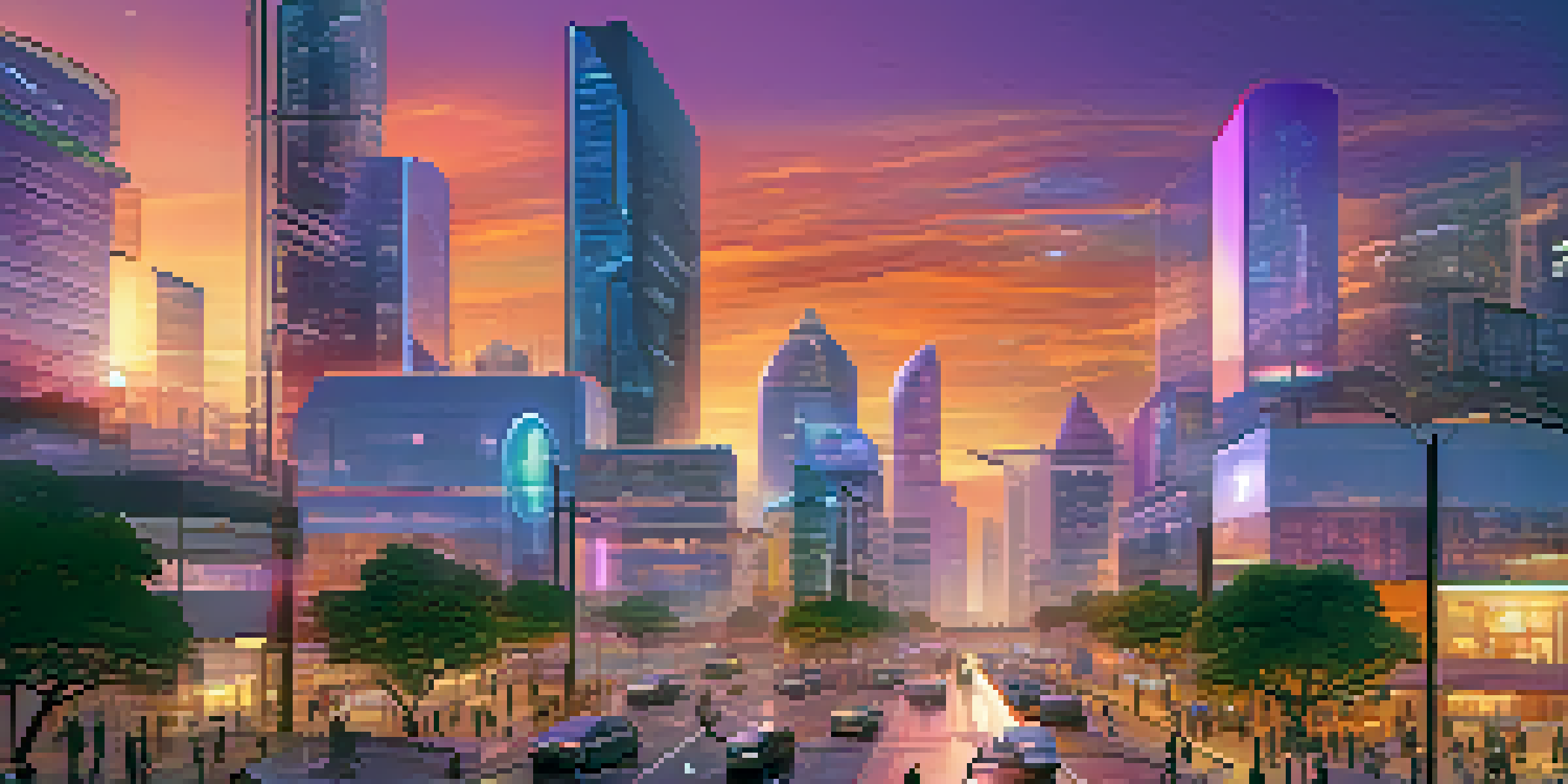 A futuristic cityscape at sunset featuring autonomous vehicles and smart streetlights, with colorful reflections on glass buildings.