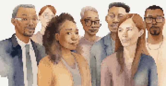 A diverse group of individuals interacting with a voice recognition device, each representing different cultural backgrounds, with expressions of curiosity.