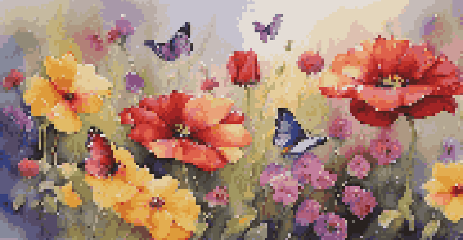 A colorful flower garden with dew drops and butterflies.