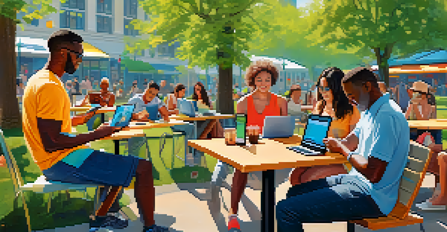 A diverse group of people using smartphones, tablets, and laptops in a park, illustrating the importance of mobile responsiveness.