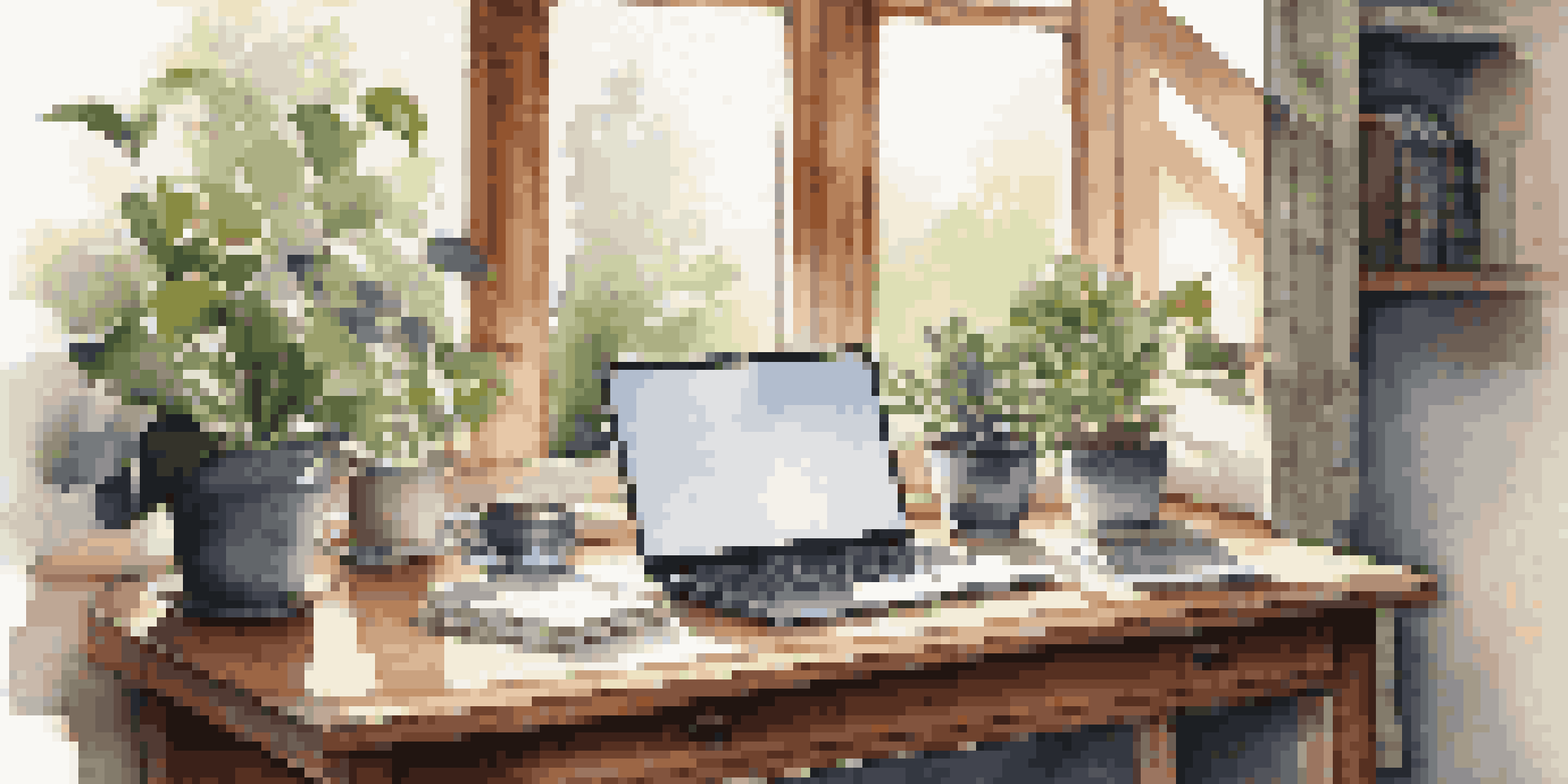 A well-lit modern workspace with a laptop, notebooks, coffee cup, and plant on a wooden desk.