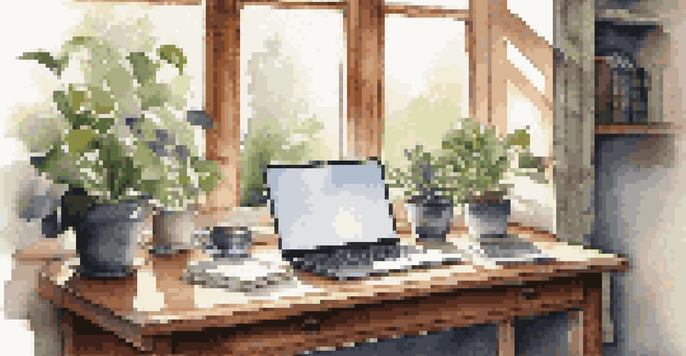 A well-lit modern workspace with a laptop, notebooks, coffee cup, and plant on a wooden desk.
