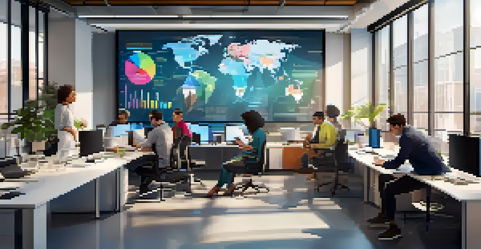 A diverse team of IT professionals working together in a bright office, with screens showing performance metrics.