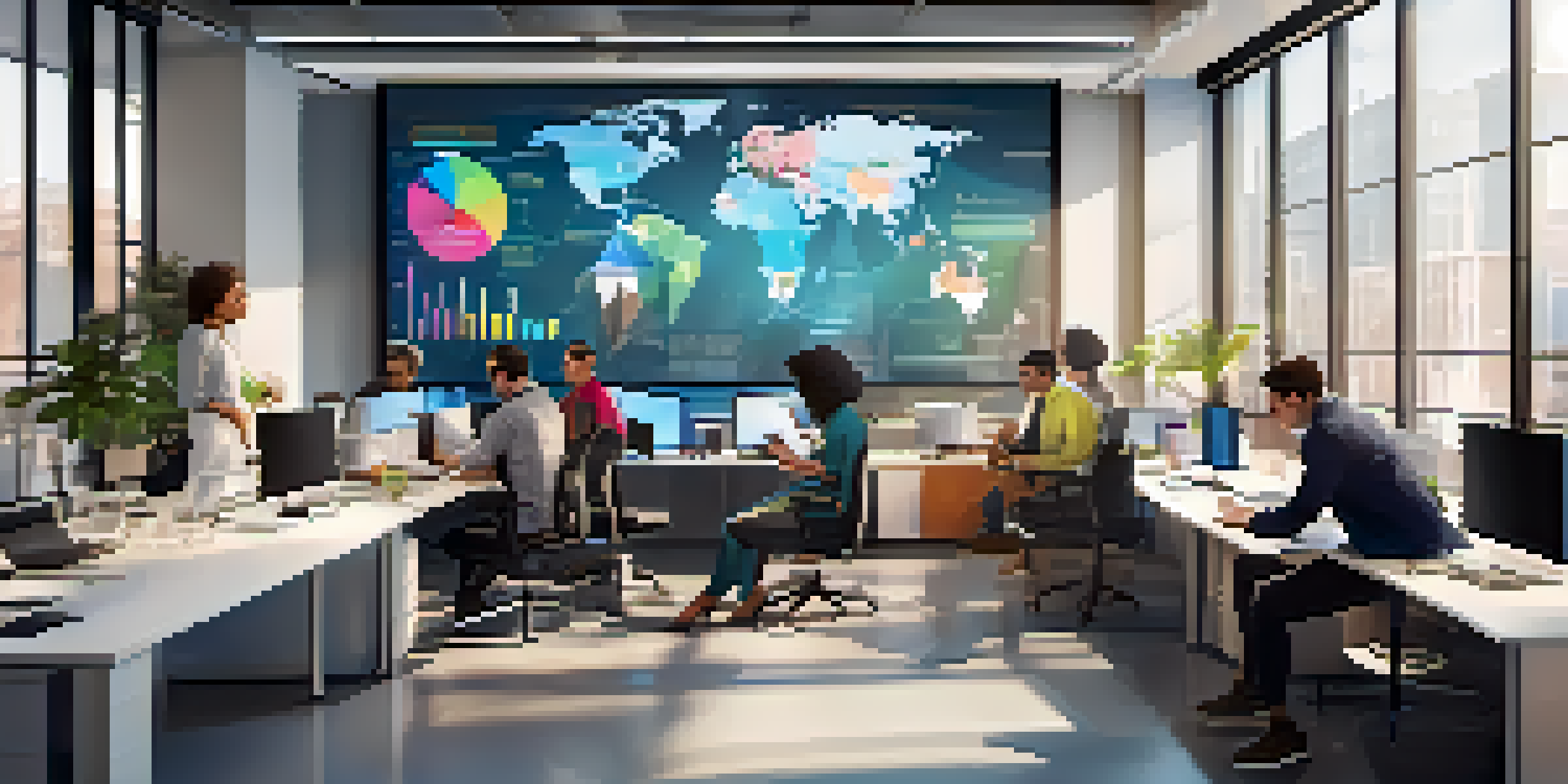 A diverse team of IT professionals working together in a bright office, with screens showing performance metrics.