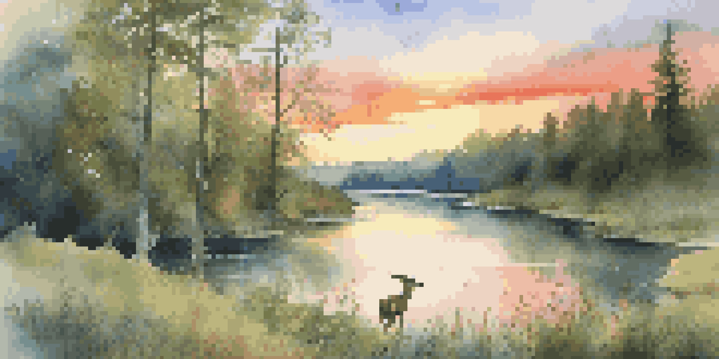 A peaceful sunset over a green forest with a river, wildflowers, and deer.