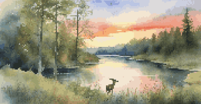 A peaceful sunset over a green forest with a river, wildflowers, and deer.