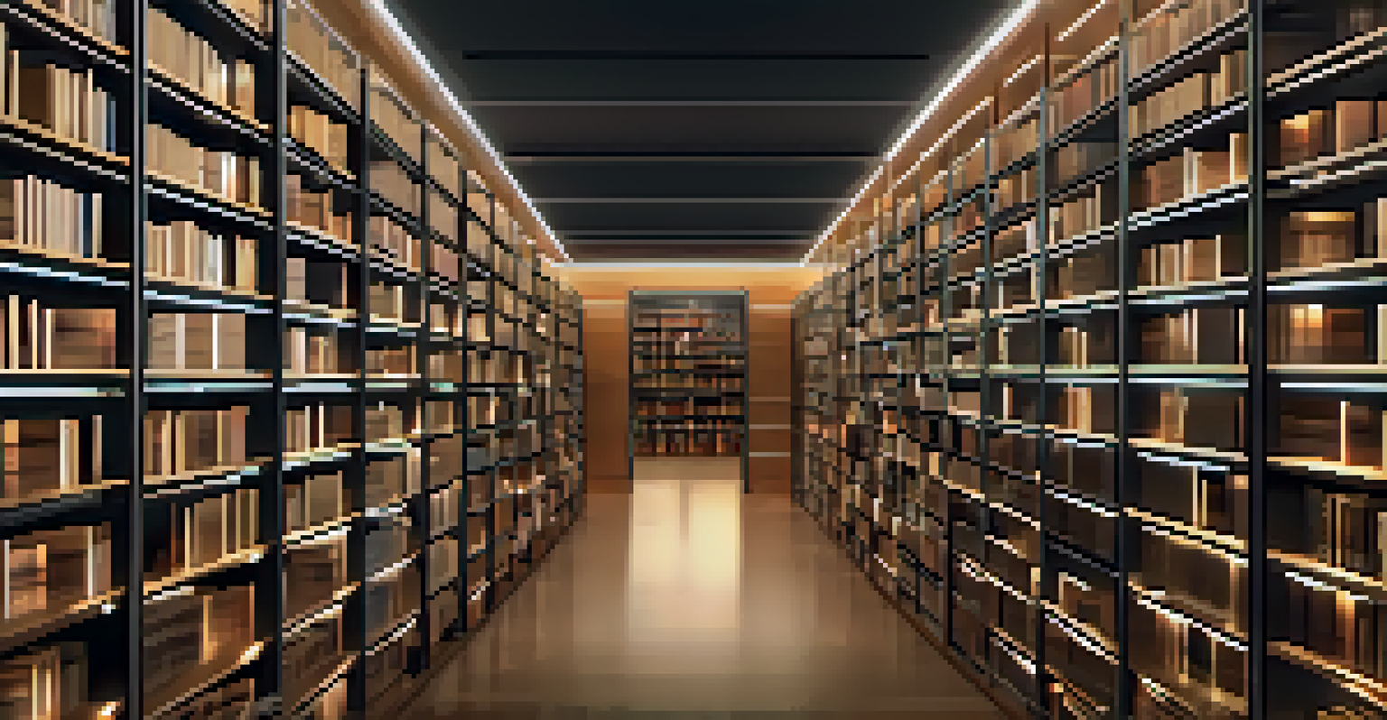 A modern library scene with organized books symbolizing storage virtualization, highlighted by warm lighting and digital interfaces.