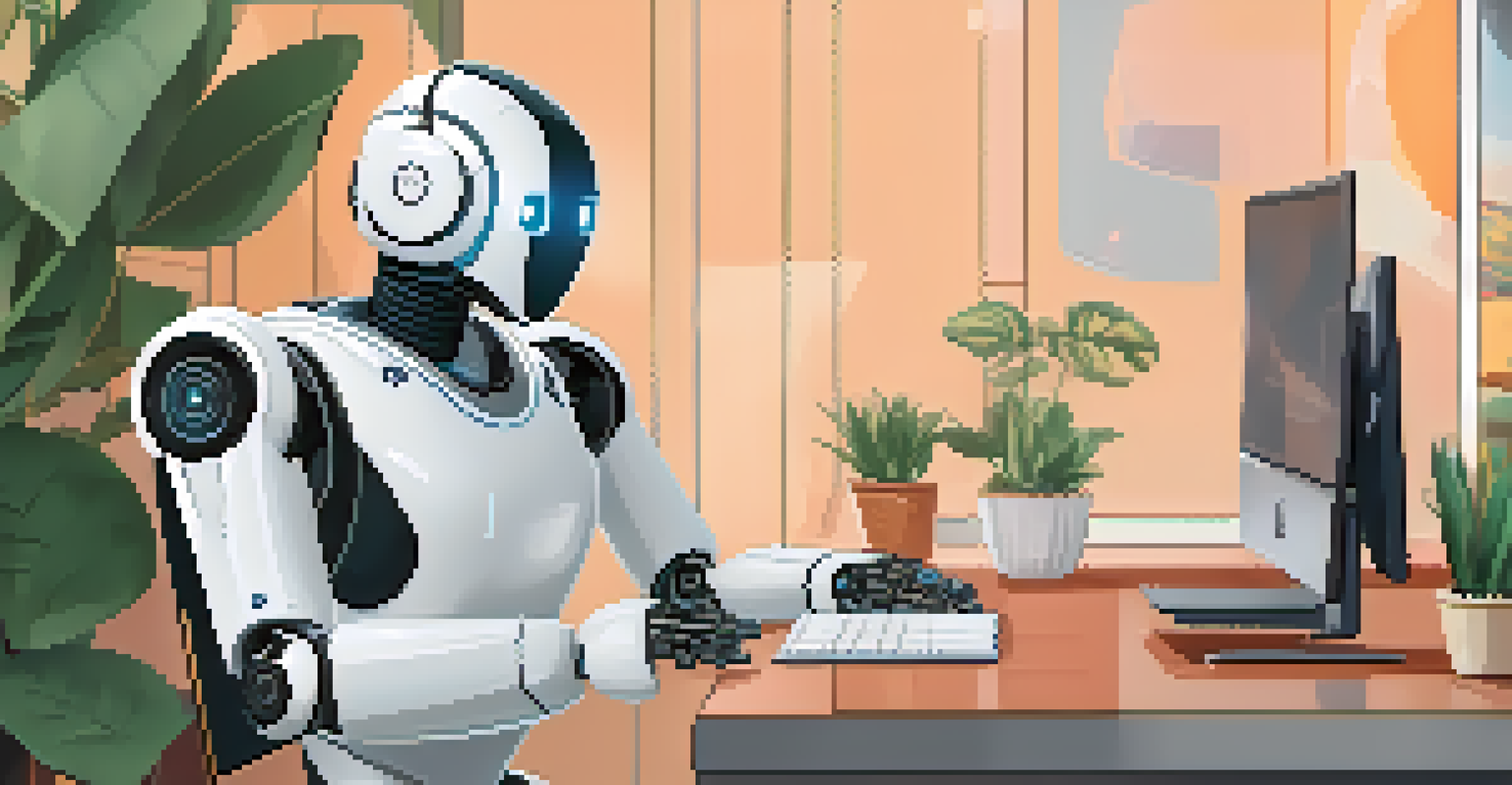 A friendly RPA bot assisting a customer on a computer screen in a cozy home office.