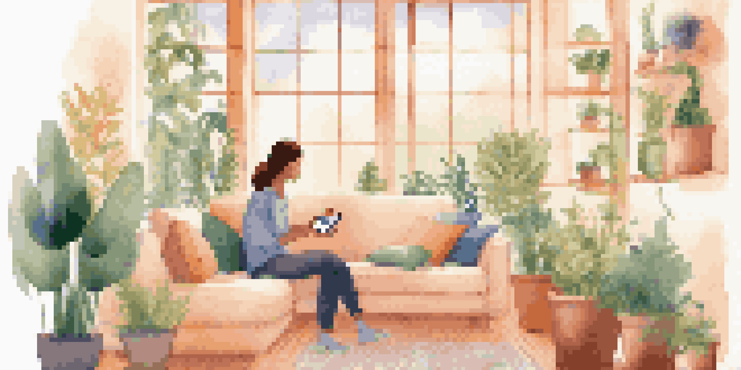 A person using a health app on a smartphone in a cozy living room, with a well-designed app interface visible on the screen and soft natural light.