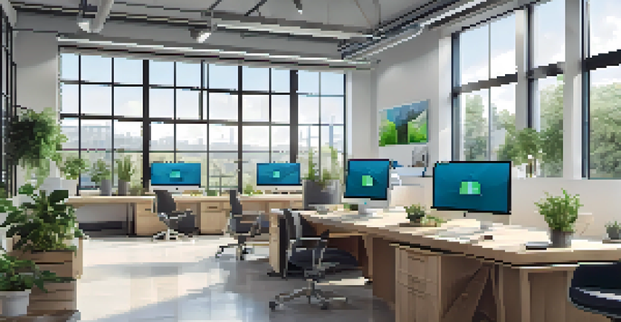 A bright modern office with computer screens showing cloud analytics, a wooden desk, and green plants.