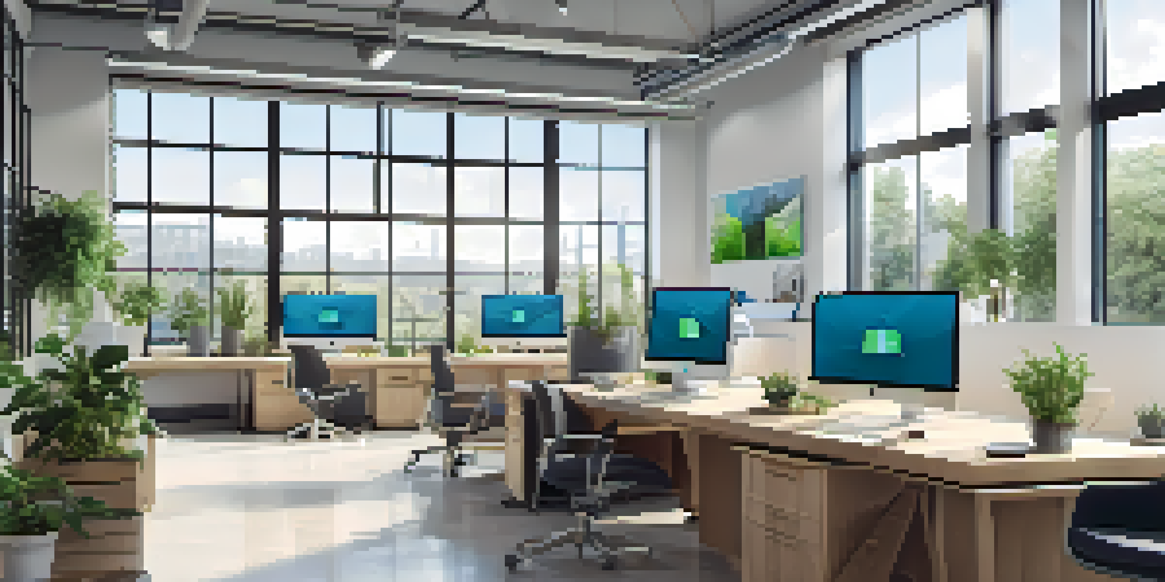 A bright modern office with computer screens showing cloud analytics, a wooden desk, and green plants.