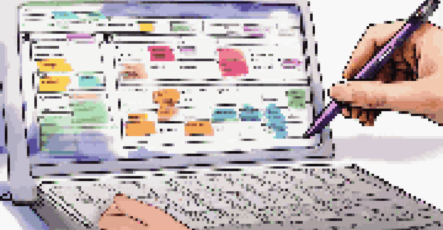 A computer screen showing a project management tool with colorful task cards, alongside a notepad.