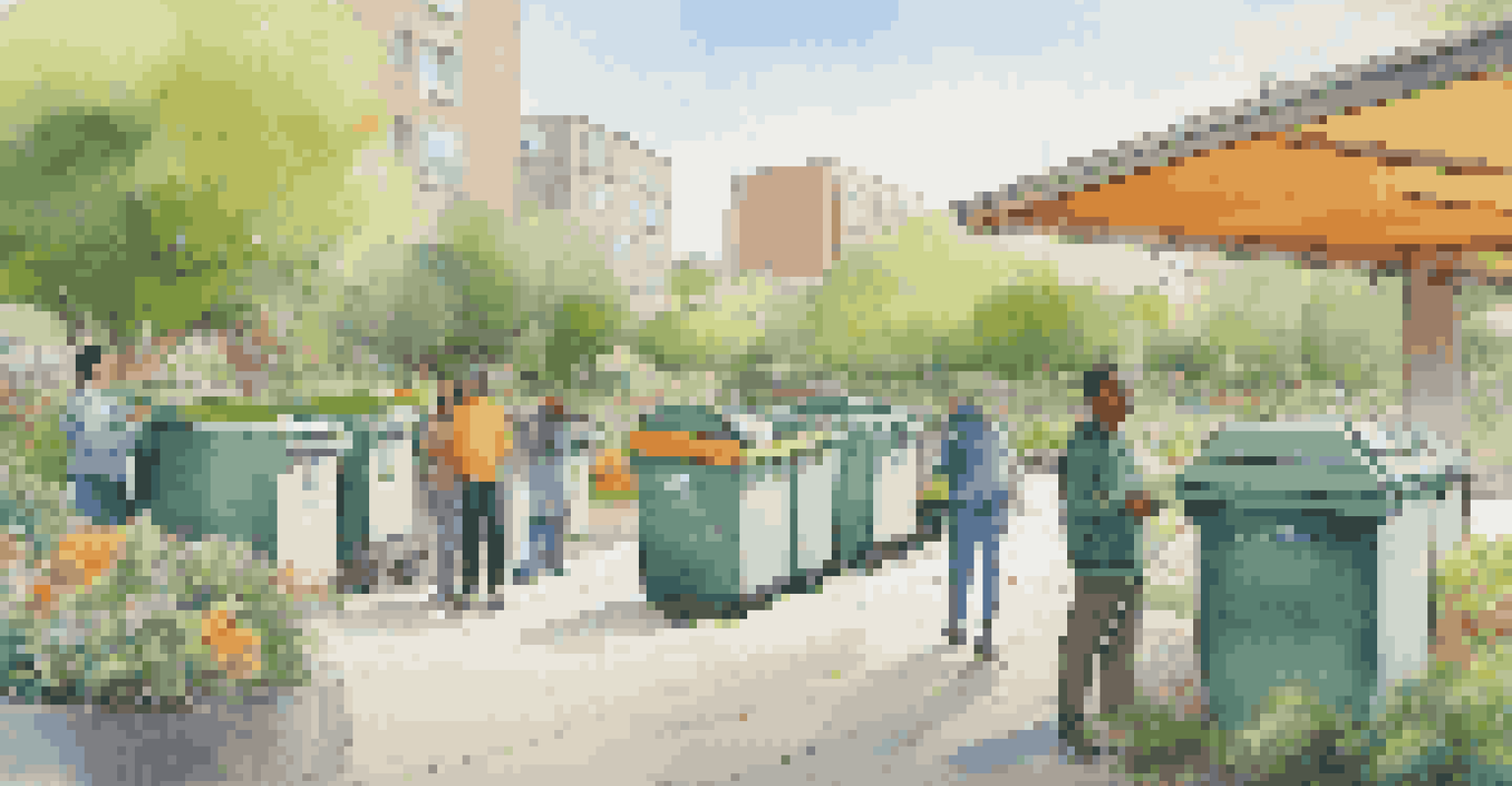 A smart waste management system with sensors and residents discussing sustainability in a green environment.