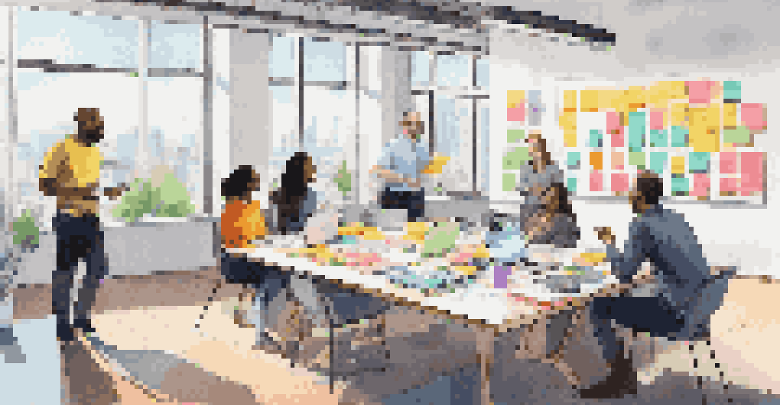 A diverse team in a bright meeting room, collaborating with sticky notes and devices, engaged in discussion.
