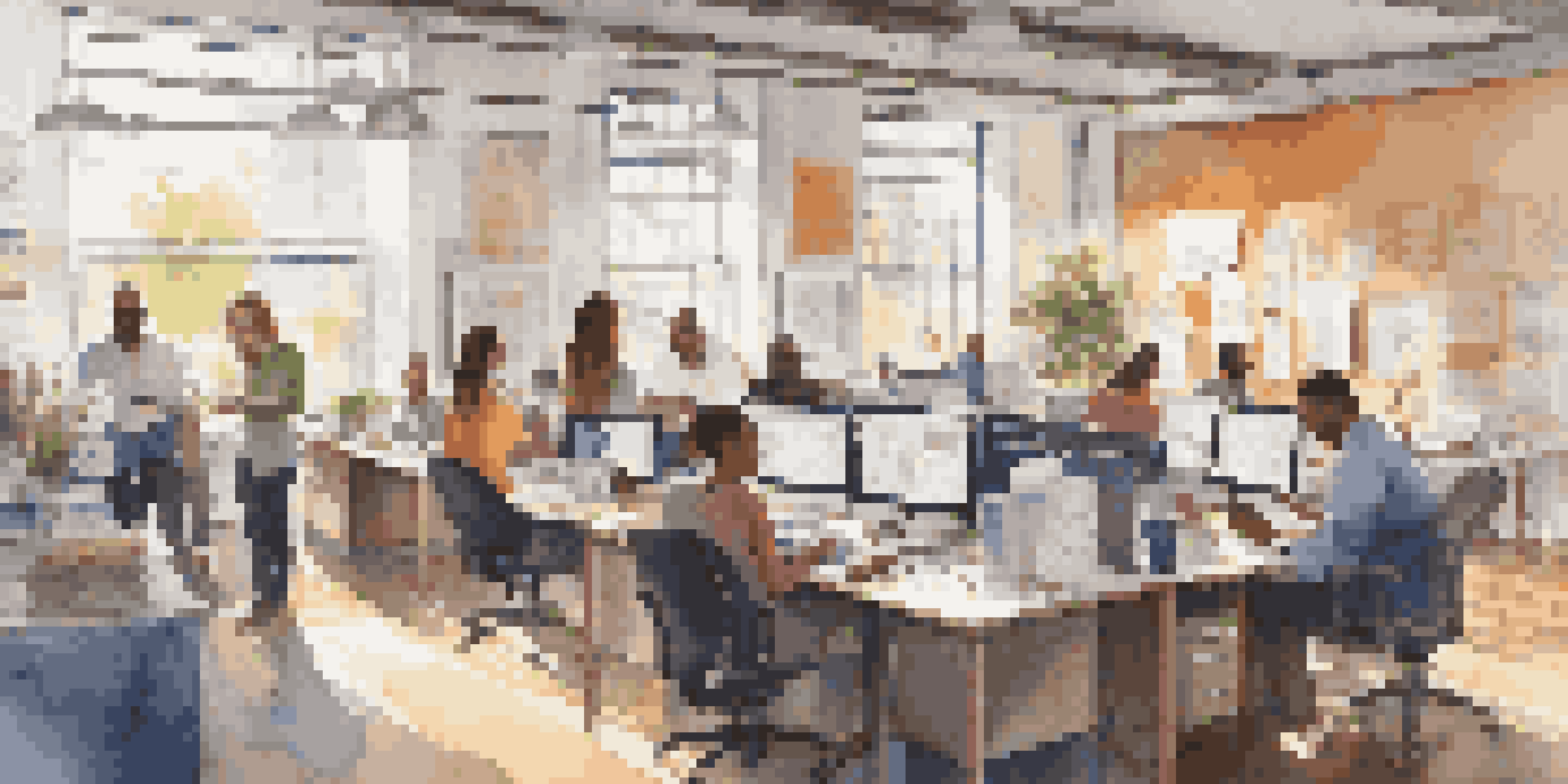 A diverse team of staff members working together in a bright office, discussing ideas around a table filled with laptops and papers.