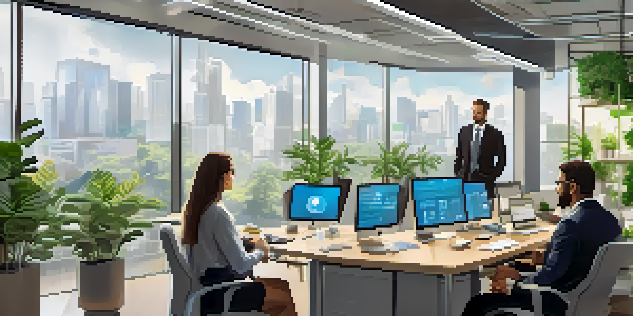 A diverse group of professionals discussing data privacy in a bright office environment with infographics on the walls.