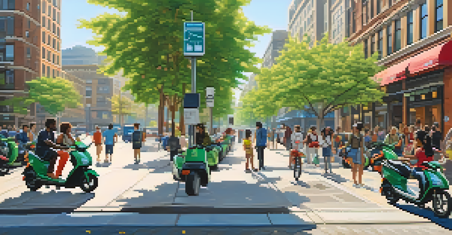 A lively city street with electric scooters and people exploring, showcasing a commitment to sustainable transportation.