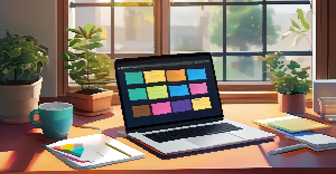 A cozy workspace for mobile app development with a laptop displaying UI designs, colorful sticky notes, a coffee mug, and a potted plant, illuminated by soft morning light.