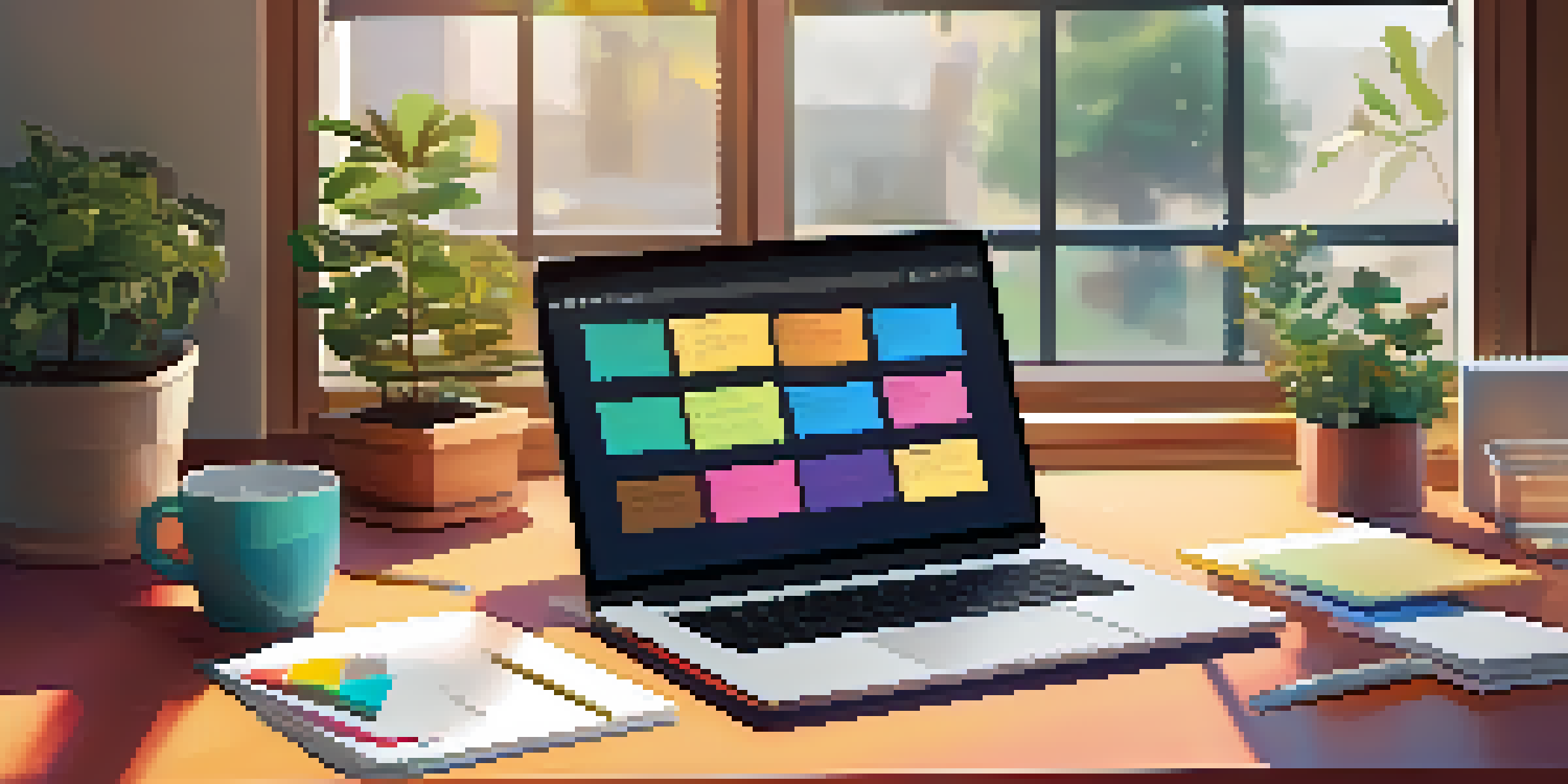 A cozy workspace for mobile app development with a laptop displaying UI designs, colorful sticky notes, a coffee mug, and a potted plant, illuminated by soft morning light.