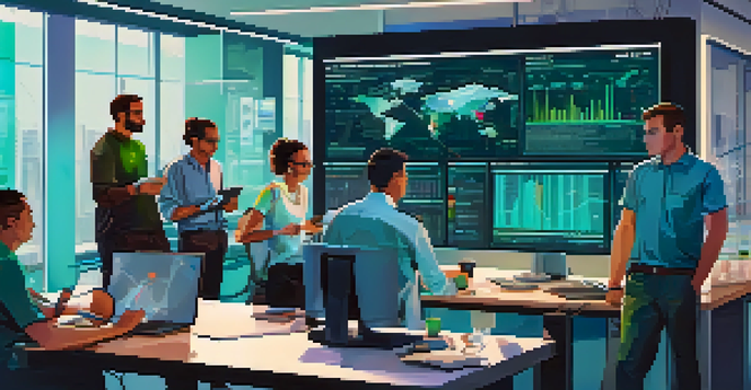 A diverse team collaborating in a bright software testing environment with digital interfaces showing test results.