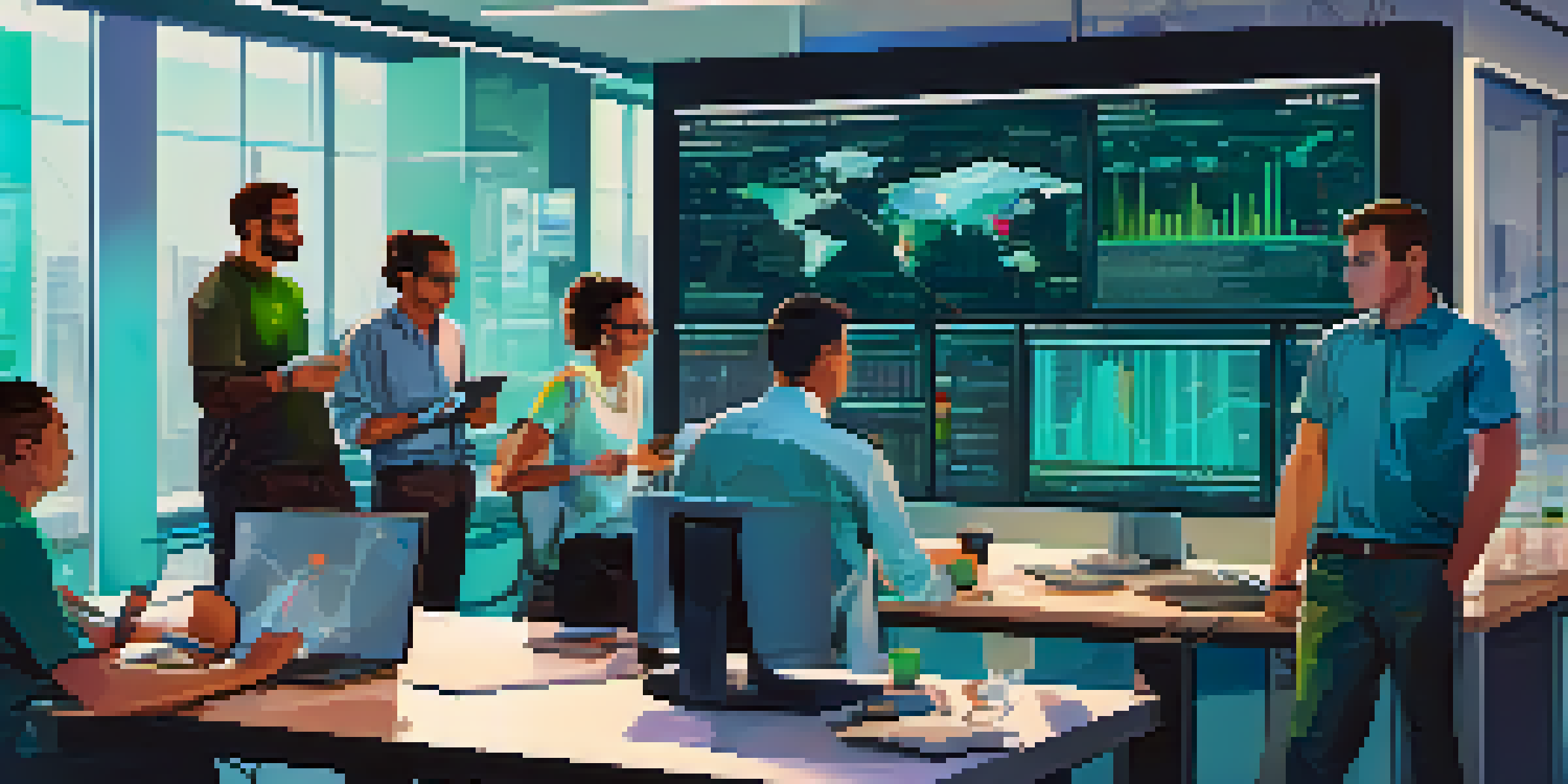 A diverse team collaborating in a bright software testing environment with digital interfaces showing test results.