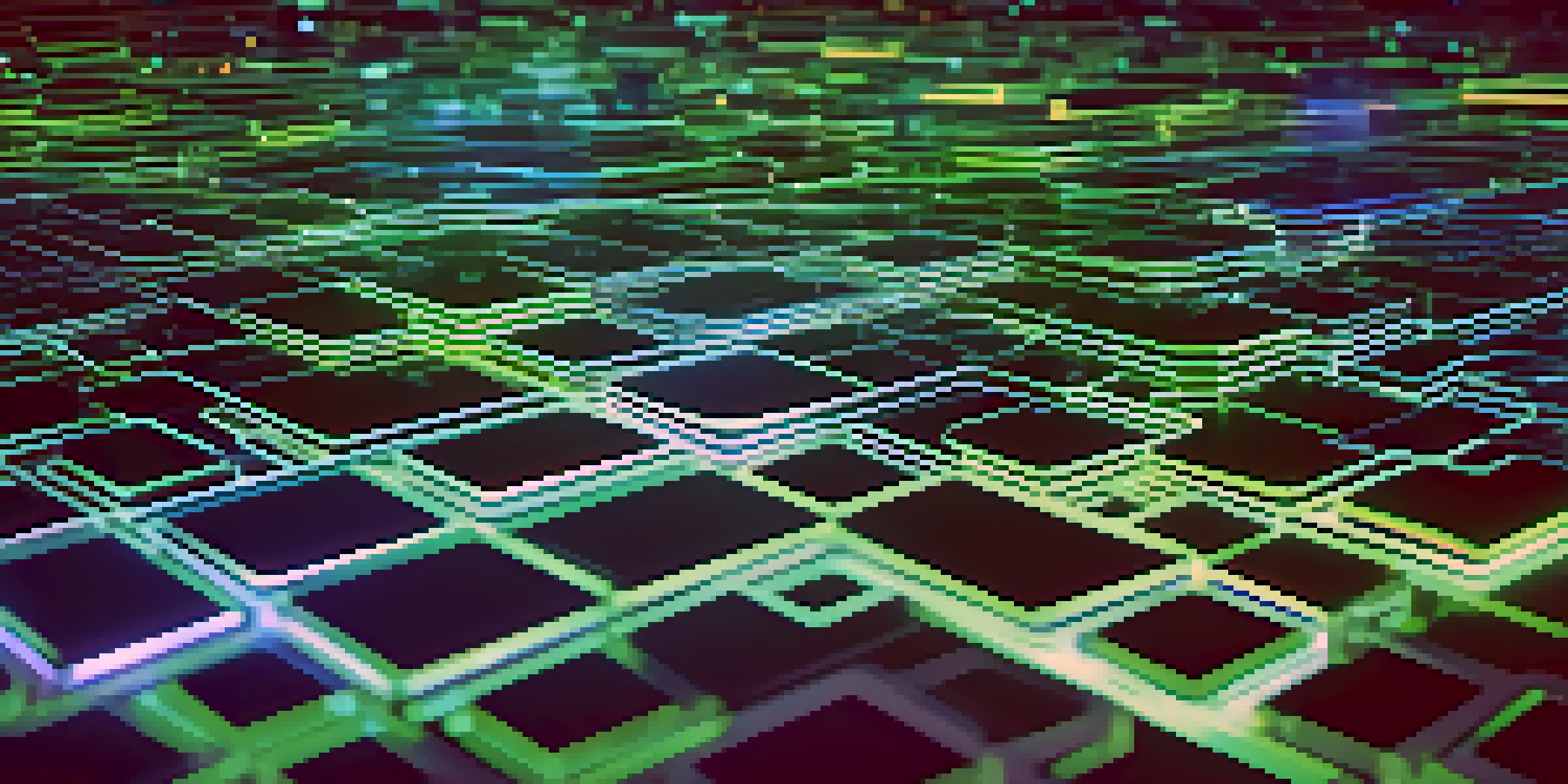 A close-up view of a blockchain network with interconnected blocks and glowing edges against a digital grid background.