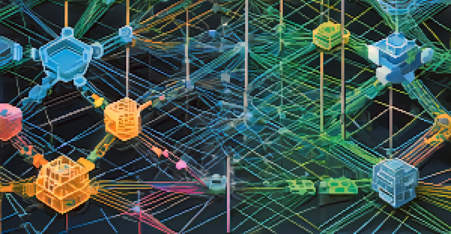 An abstract visualization of interconnected microservices architecture with nodes representing security measures like shields and locks.
