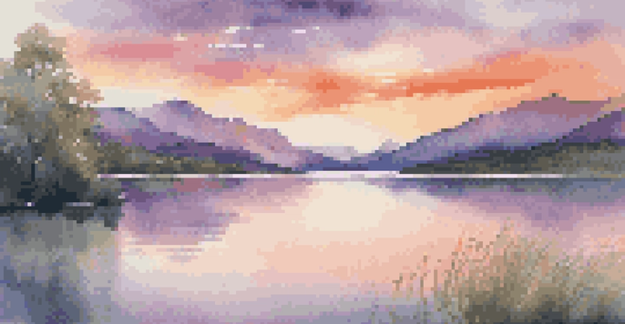 A peaceful sunset over a lake with mountains and colorful sky, surrounded by green trees.