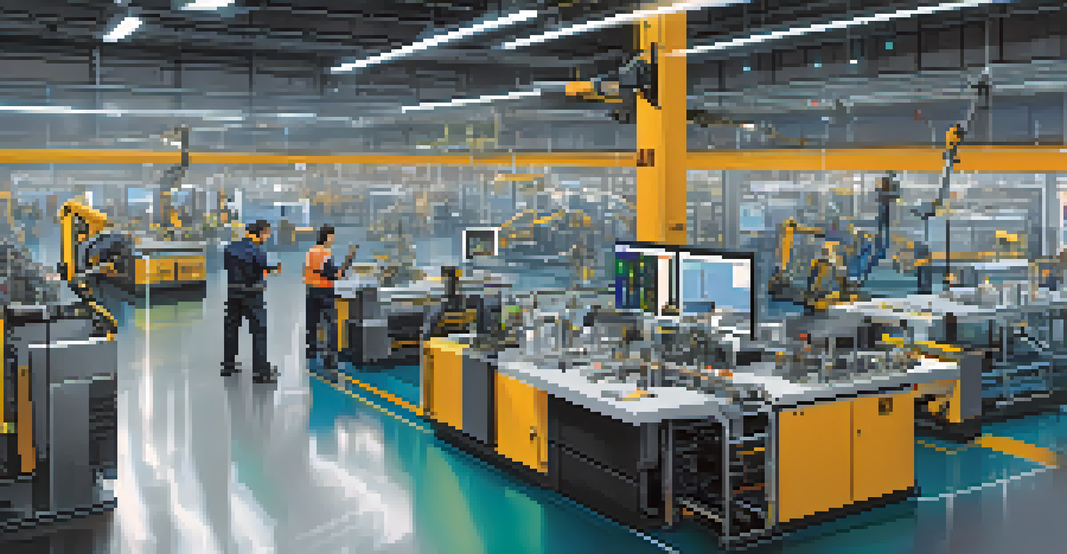 Manufacturing floor with Edge AI technology, showing machines autonomously monitoring performance and workers collaborating with AI assistants.