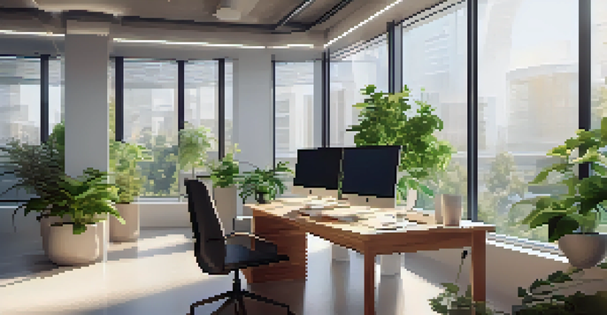 A bright modern office workspace with a computer showing data analyses, surrounded by plants, a coffee mug, and natural sunlight streaming in.