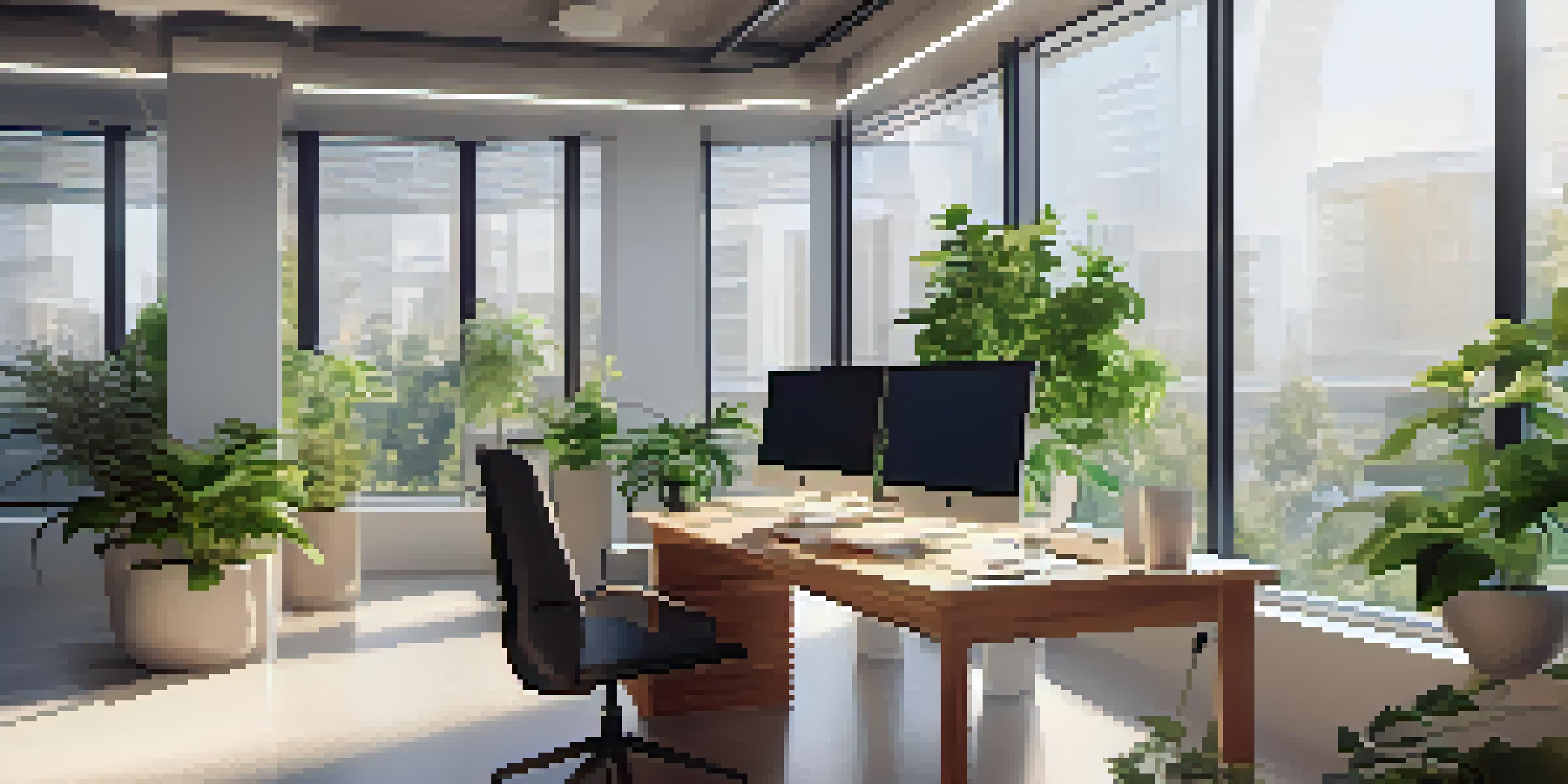 A bright modern office workspace with a computer showing data analyses, surrounded by plants, a coffee mug, and natural sunlight streaming in.