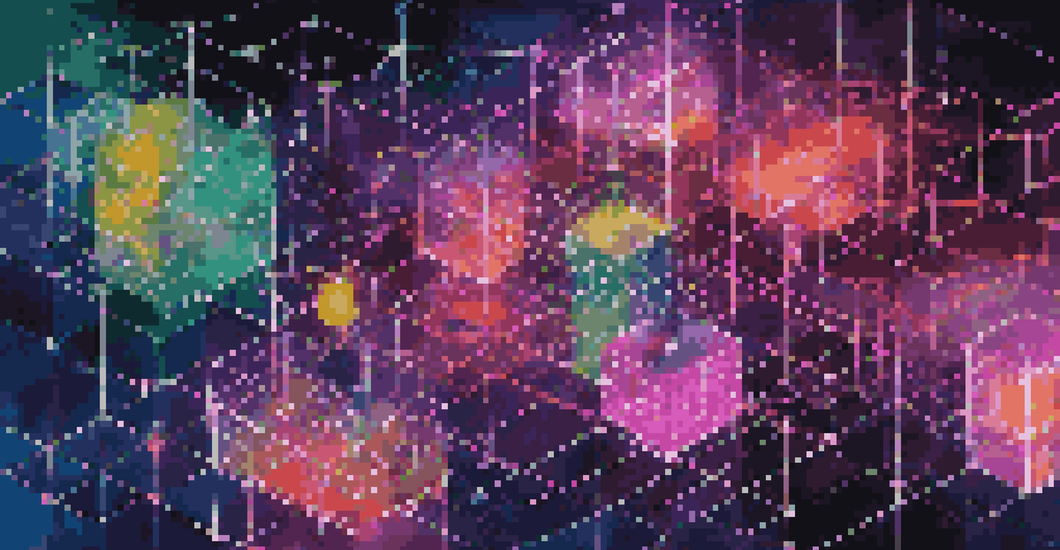 An artistic visualization of blockchain technology with interconnected blocks and vibrant symbols in a digital space.