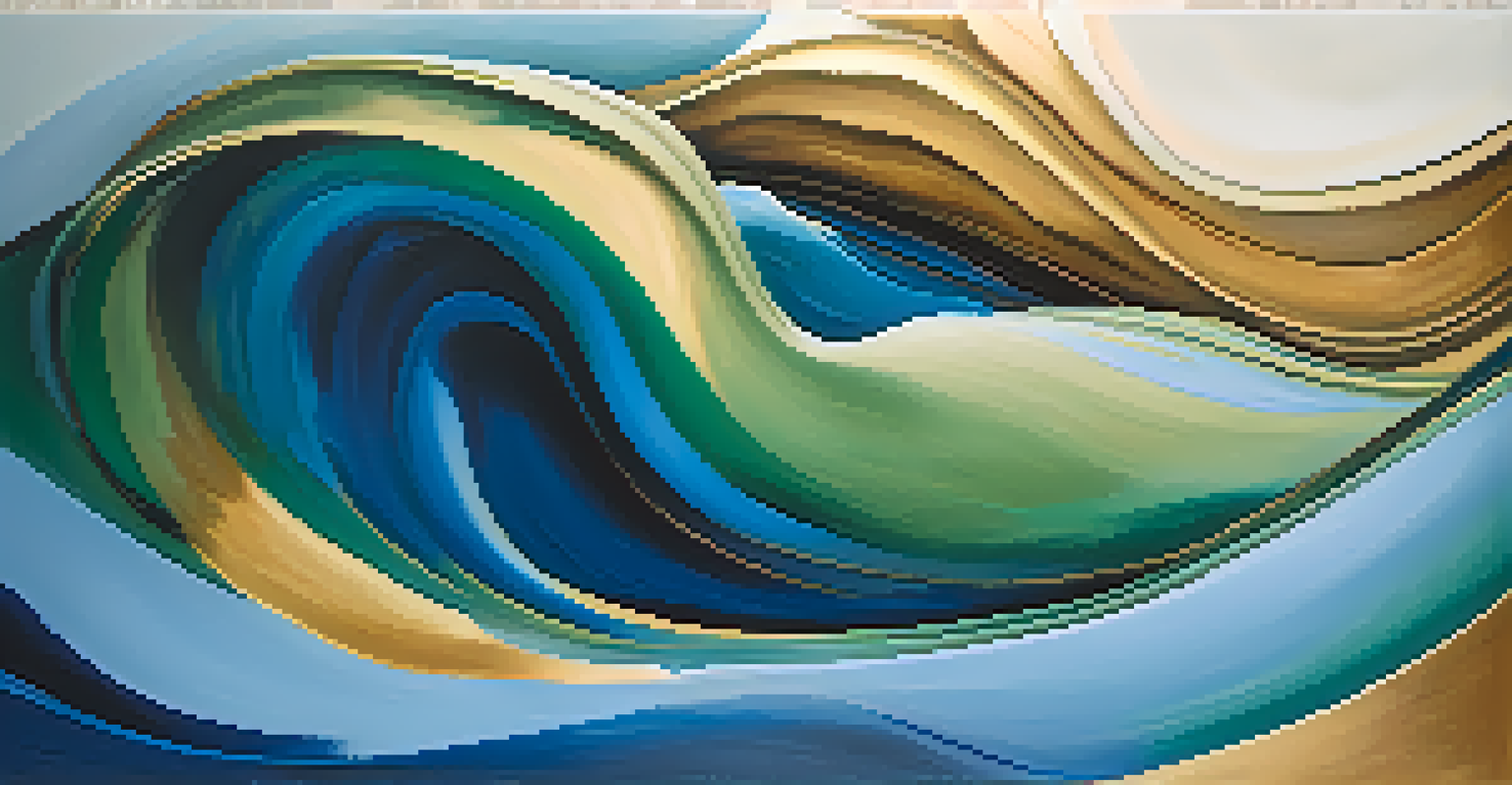 An abstract artwork with flowing colors and shapes in blues, greens, and golds, creating a sense of movement.