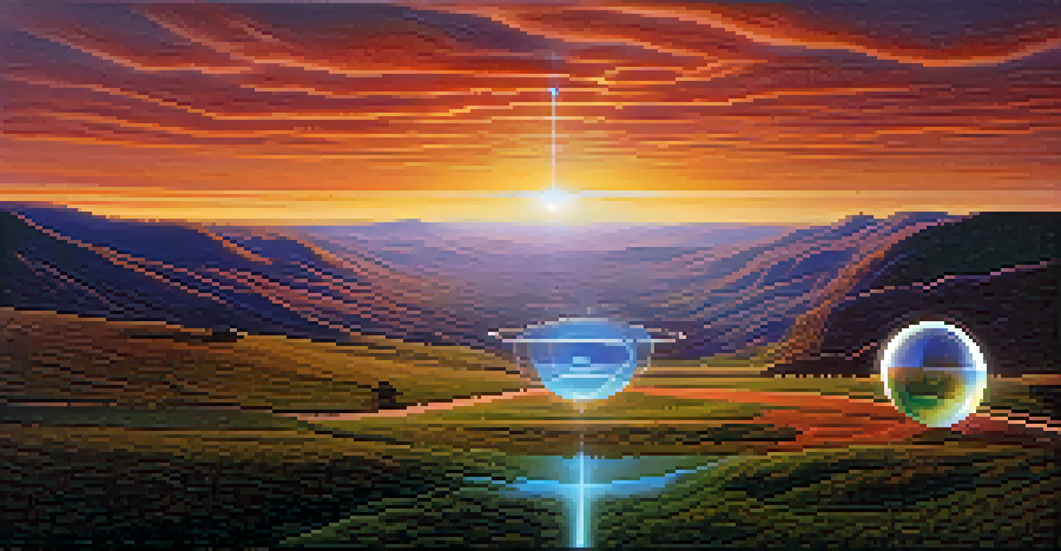 A digital representation of quantum teleportation in a serene landscape, with a holographic display illustrating the process against a sunset.