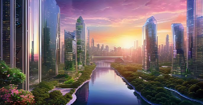 A futuristic cityscape with skyscrapers covered in greenery, a river reflecting a colorful sunset, and drones in the sky.