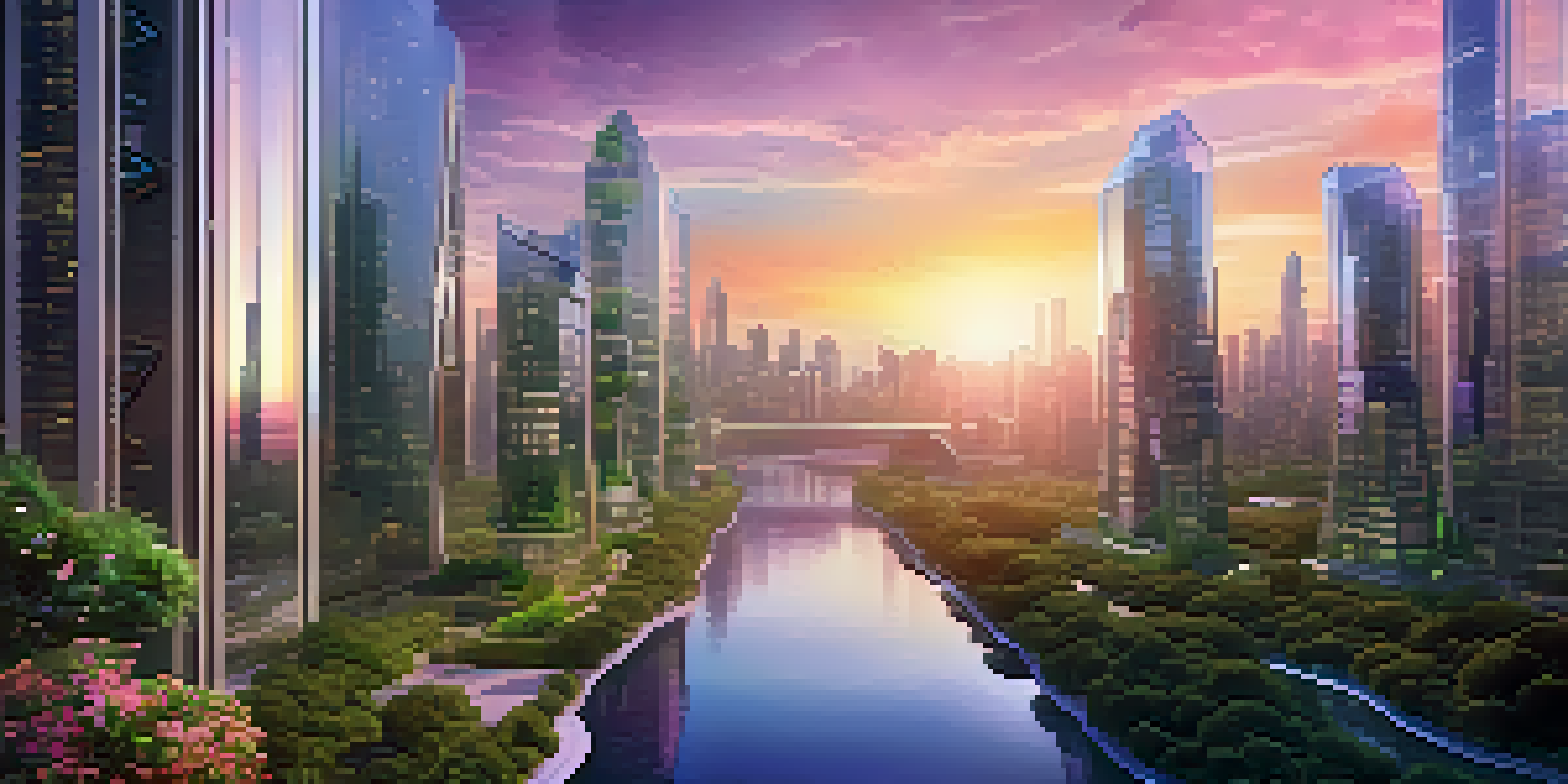 A futuristic cityscape with skyscrapers covered in greenery, a river reflecting a colorful sunset, and drones in the sky.