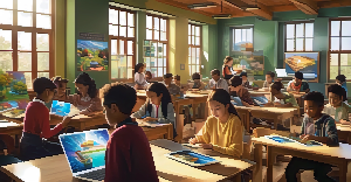 A classroom filled with students using tablets for augmented reality learning, with colorful posters and sunlight streaming in.