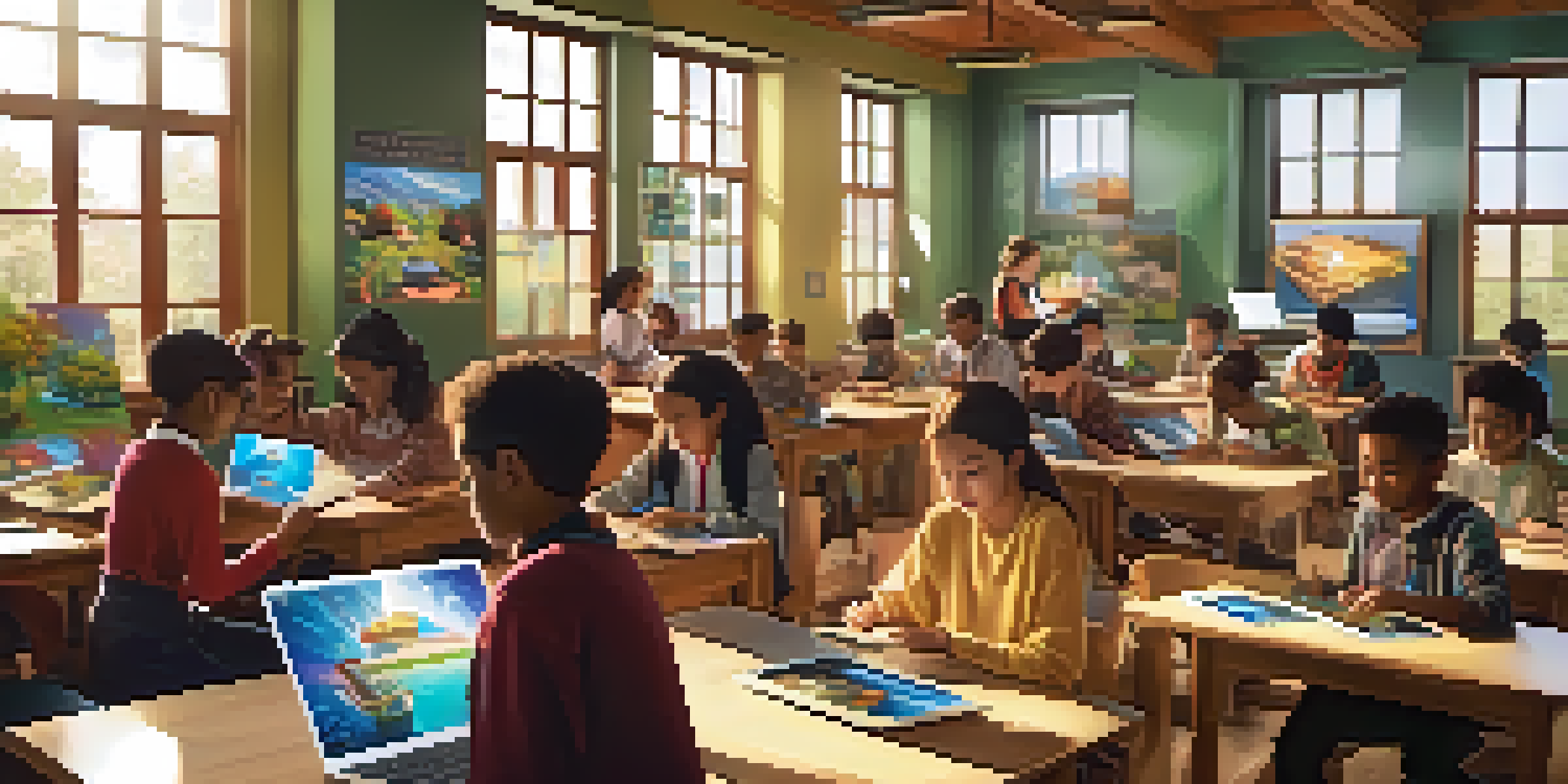 A classroom filled with students using tablets for augmented reality learning, with colorful posters and sunlight streaming in.