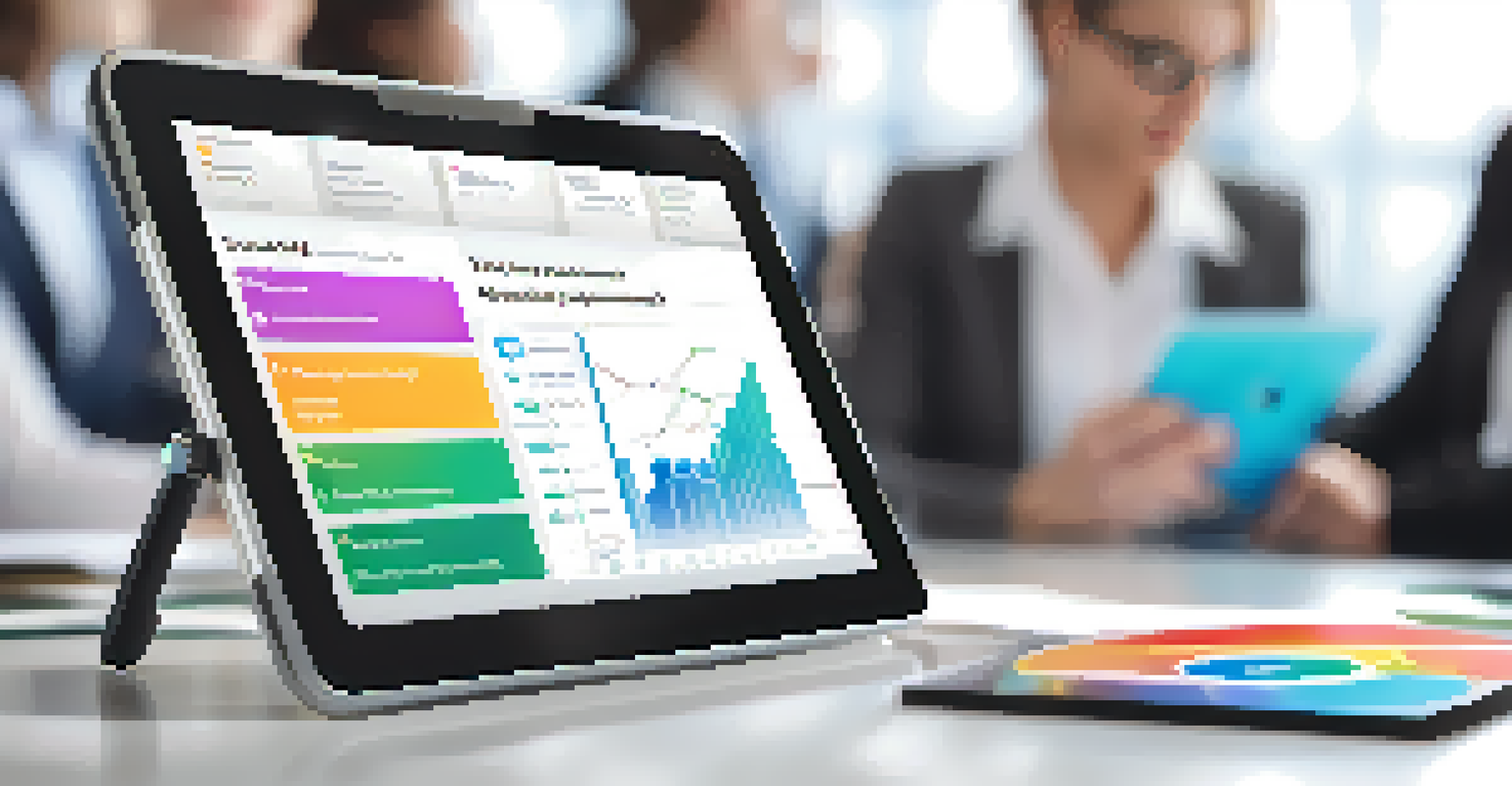 A digital tablet showing a project management app with colorful task cards, set against a blurred office backdrop of teamwork.