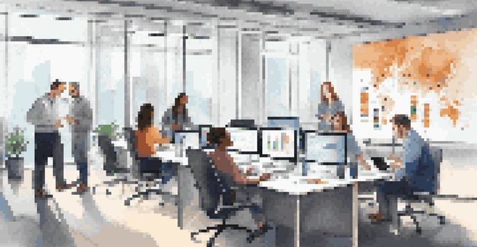 A diverse team collaborating in an office, discussing data governance strategies with laptops and charts.