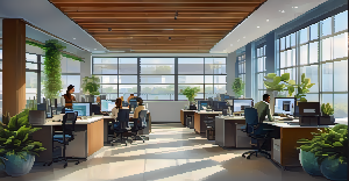 A diverse group of IT professionals working together at a modern service desk, surrounded by high-tech equipment and plants, illuminated by natural light.