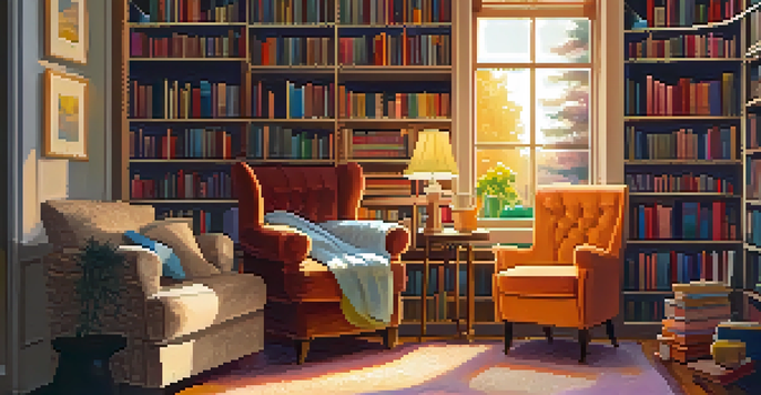 A warm and inviting reading nook with bookshelves, an armchair, a lamp, and a cup of tea.